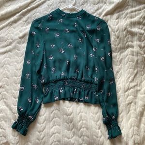 Dark green floral print cinched waist and sleeves top